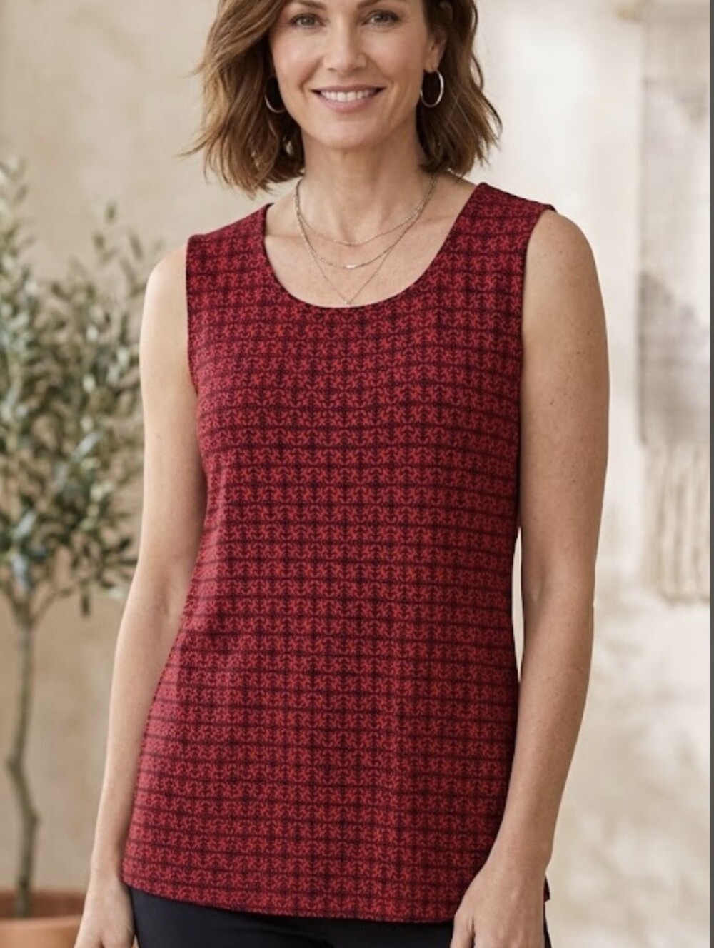 J.Jill Wearever Collection Red Black Floral Geometric Tank Top Sleeveless Large